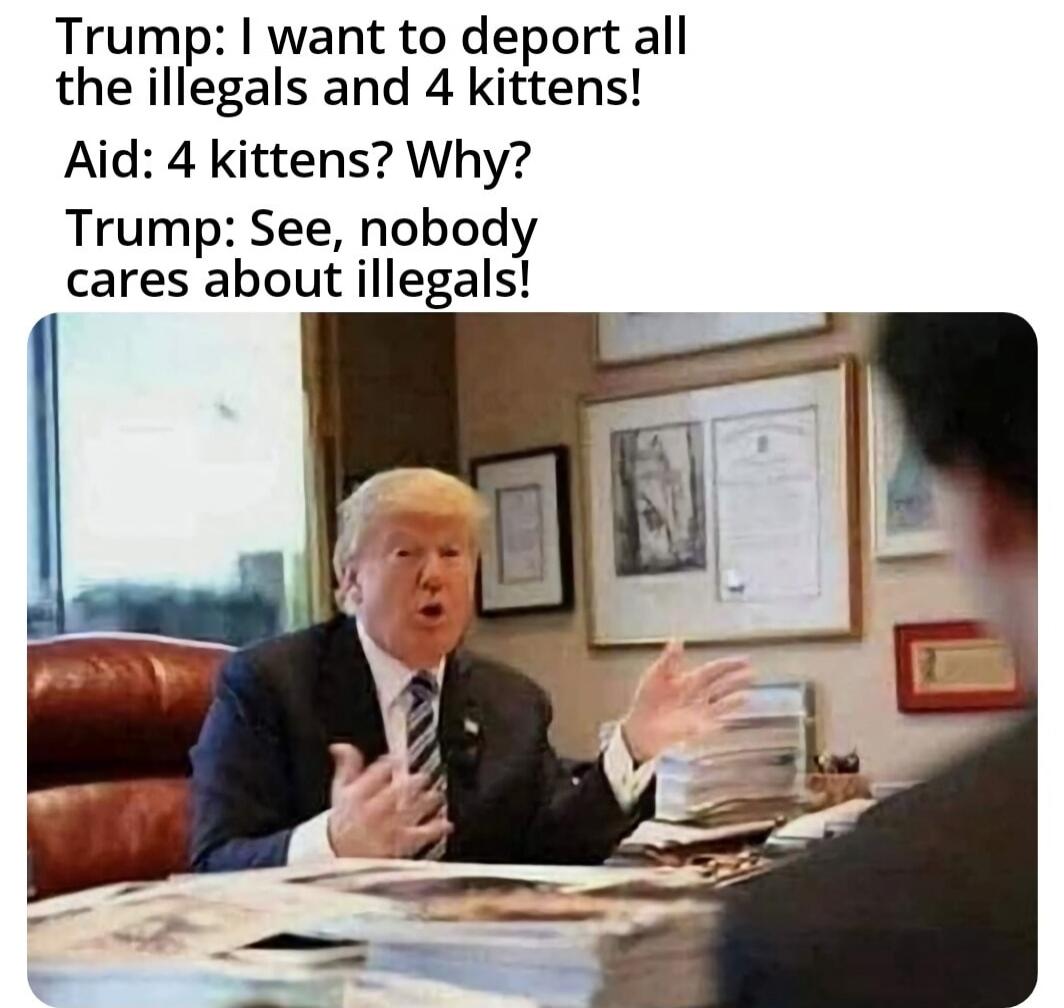 Trump: I want to deport all the illegals and 4 kittens! Aid: 4 kittens? Why? Trump: See, nobody cares about illegals!