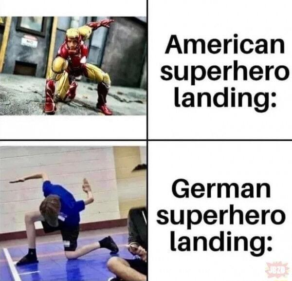 American superhero landing German superhero landing