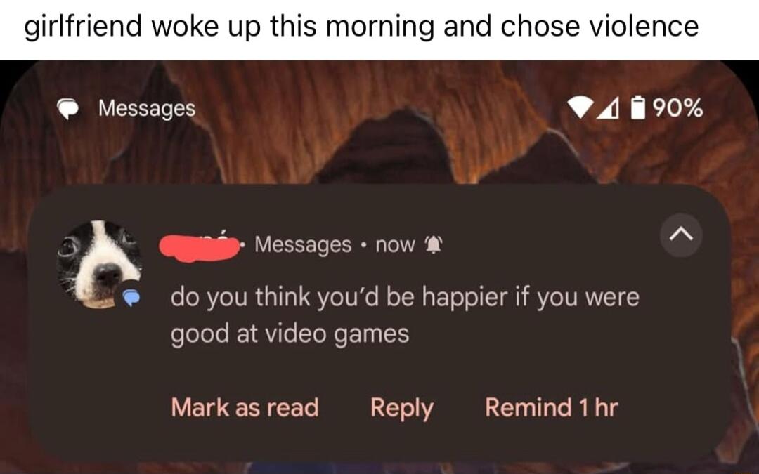 girlfriend woke up this morning and chose violence Messages 4090 b i Vessages now doyou think youd be happier if you were good at video games Markasread Reply Remind 1hr