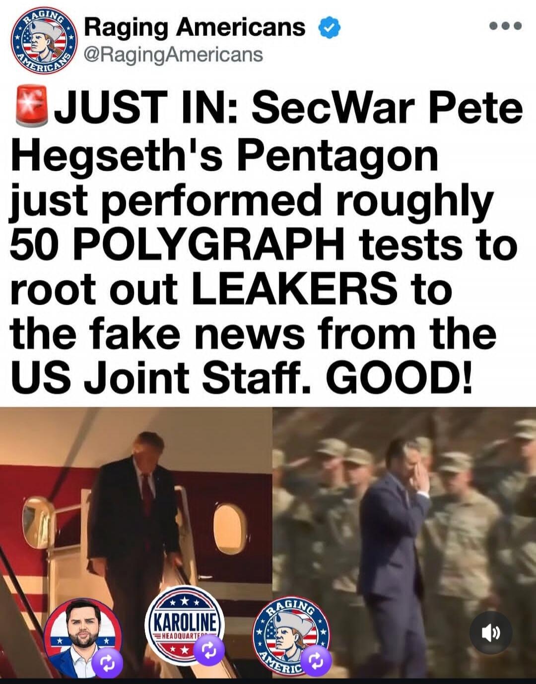 JUST IN: SecWar Pete Hegseth's Pentagon just performed roughly 50 POLYGRAPH tests to root out LEAKERS to the fake news from the US Joint Staff. GOOD!