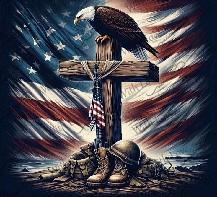 Patriotic memorial image: American flag background with a wooden cross, battlefield boots, a helmet, a rifle stuck in the ground, and an eagle perched on the cross.