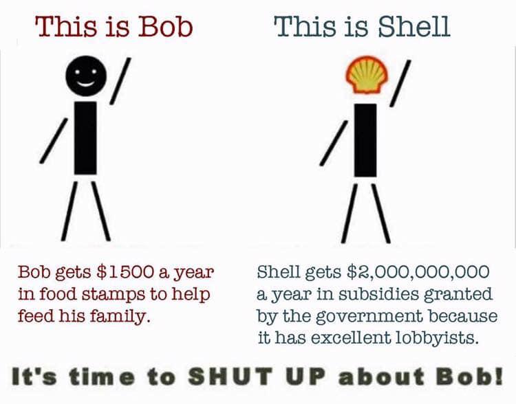 This is Bob This is Shell Bob gets 1500 a year Shell gets 2000000000 in food stamps to help a year in subsidies granted feed his family by the government because it has excellent lobbyists Its time to SHUT UP about Bob