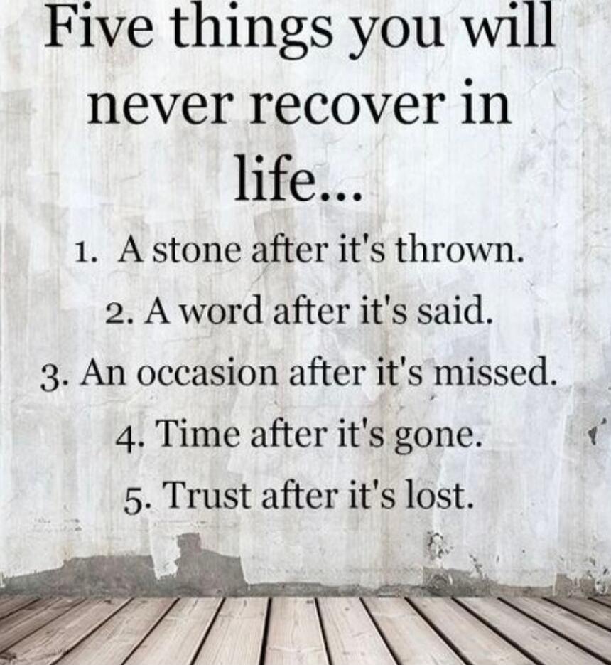 Five things you will never recover in life...
1. A stone after it's thrown.
2. A word after it's said.
3. An occasion after it's missed.
4. Time after it's gone.
5. Trust after it's lost.
