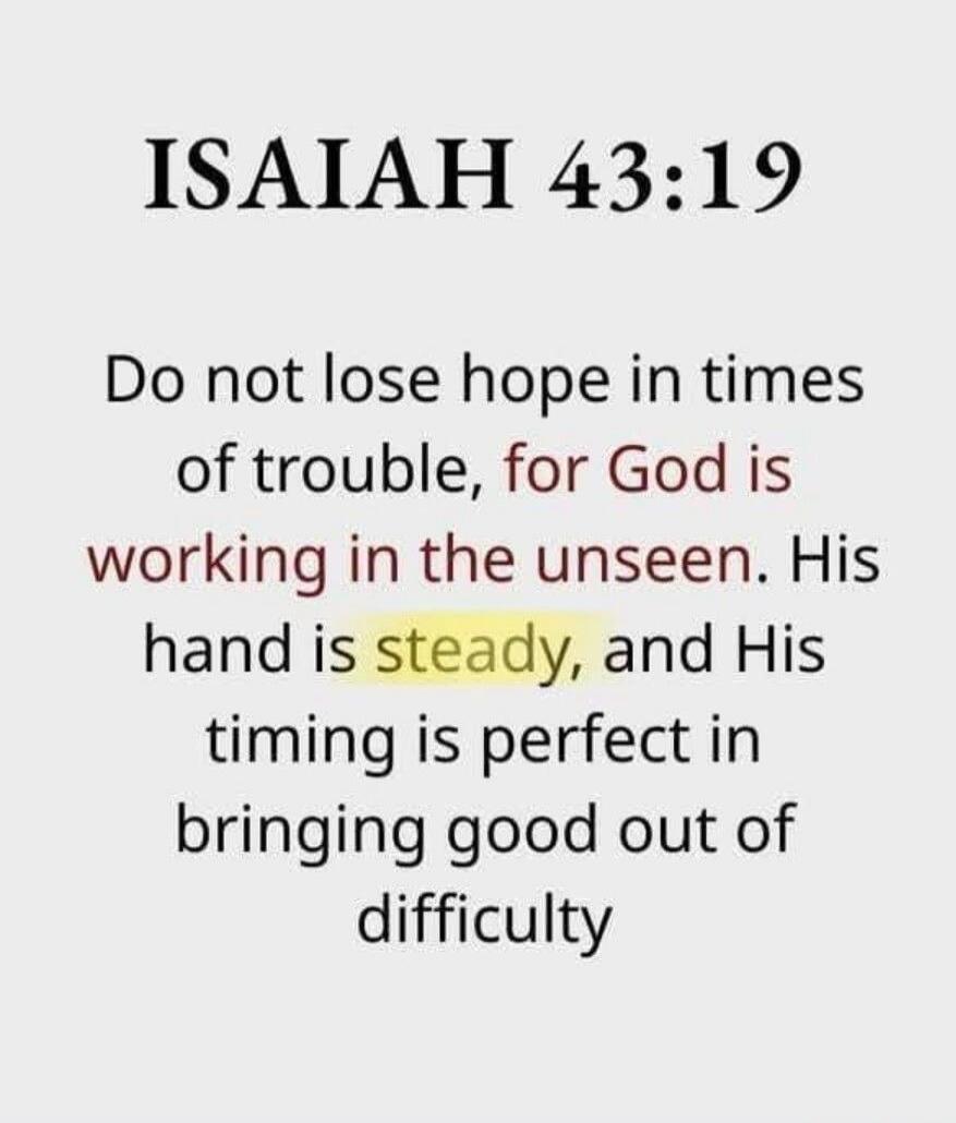 ISAIAH 43:19 Do not lose hope in times of trouble, for God is working in the unseen. His hand is steady, and His timing is perfect in bringing good out of difficulty