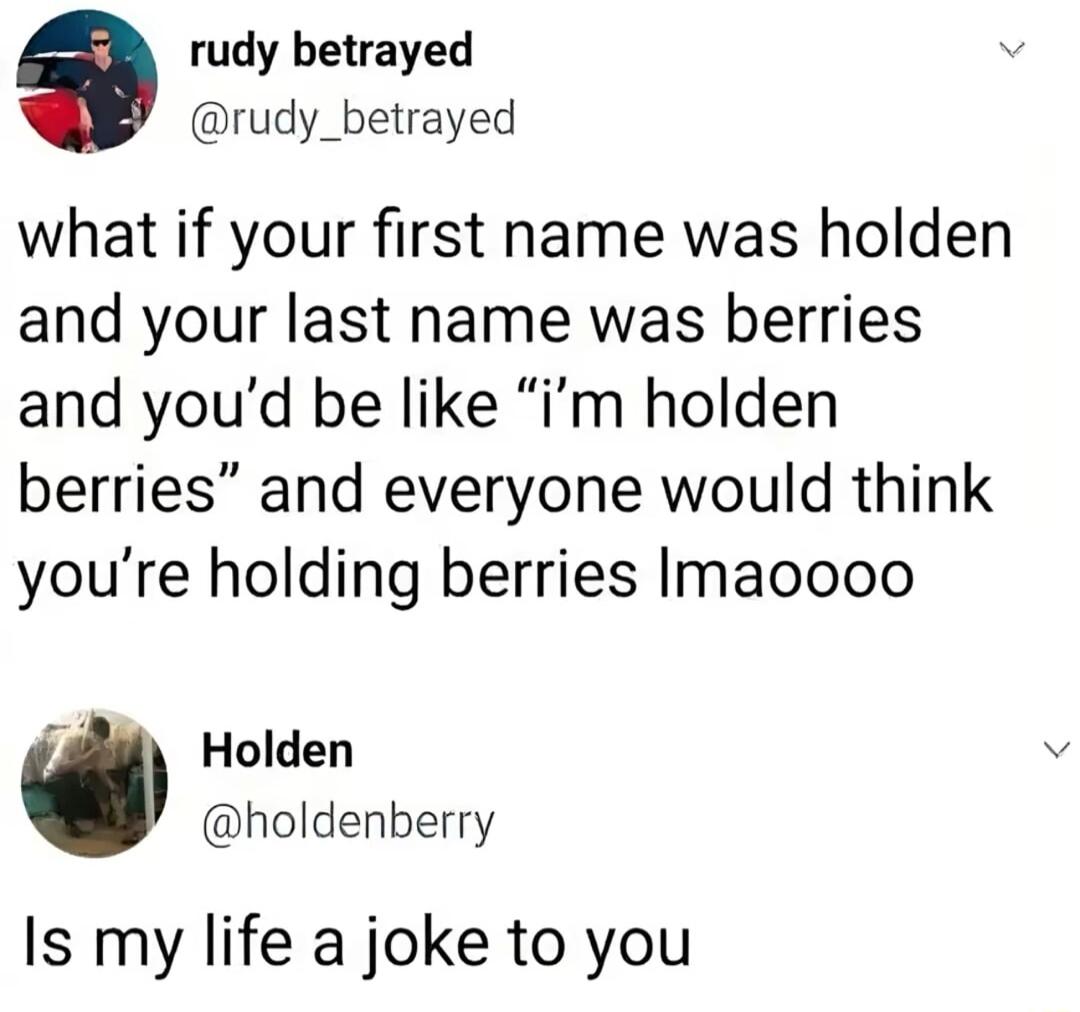 rudy betrayed rudy_betrayed what if your first name was holden and your last name was berries and youd be like im holden berries and everyone would think youre holding berries Imacooo 7 Holden holdenberry Is my life a joke to you
