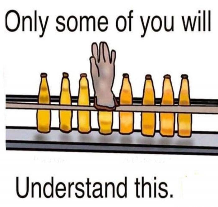 Only some of you will Understand this. A gloved hand is shown above a conveyor belt with bottles, with four fingers raised over the fifth bottle, creating a visual pun related to a 'five-finger discount'.