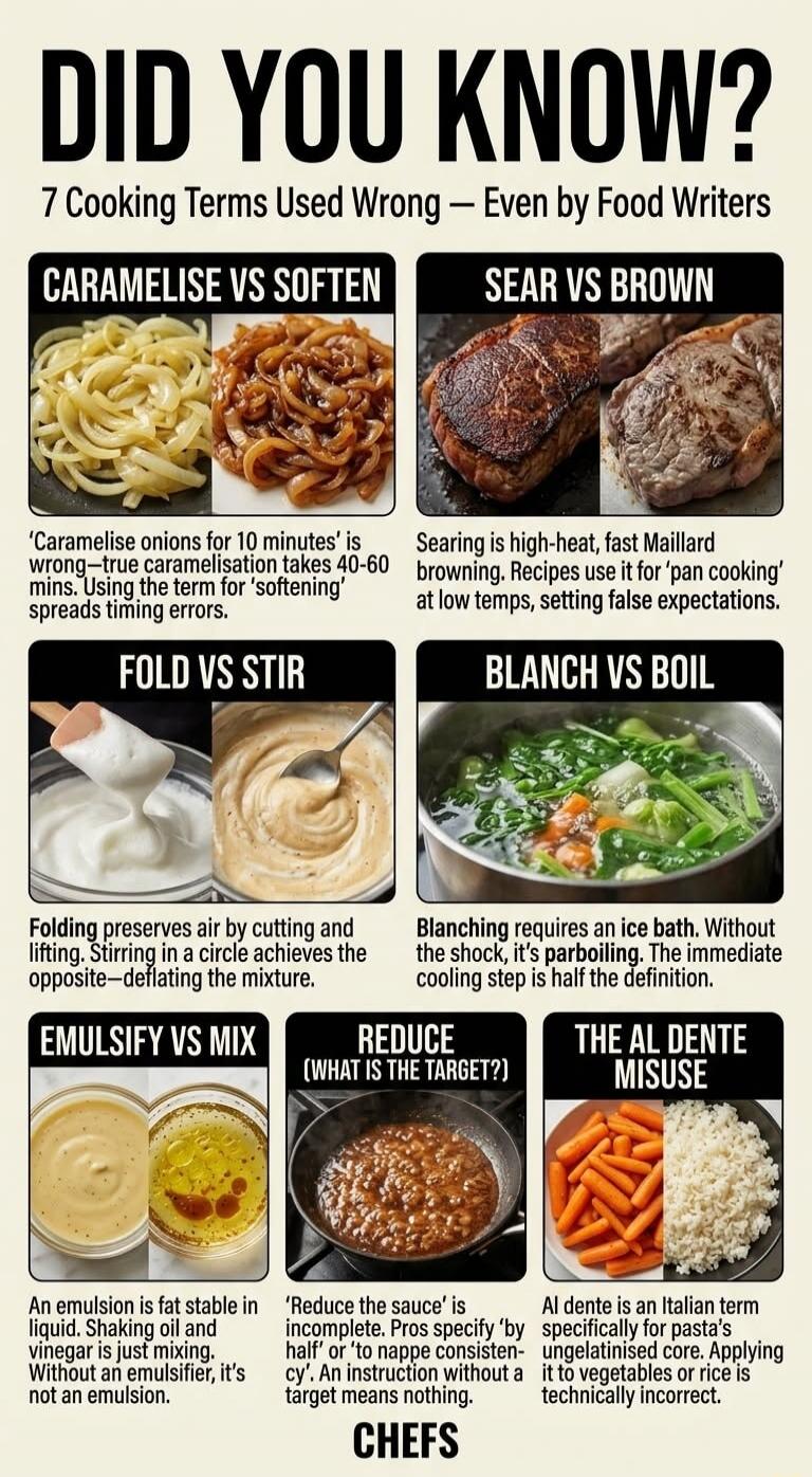 DID YOU KNOW? 7 Cooking Terms Used Wrong — Even by Food Writers. CARAMELISE VS SOFTEN: 'Caramelise onions for 10 minutes' is wrong—true caramelisation takes 40-60 mins. Using the term for 'softening' spreads timing errors. SEAR VS BROWN: Searing is high-heat, fast Maillard browning. Recipes use it for 'pan cooking' at low temps, setting false expec