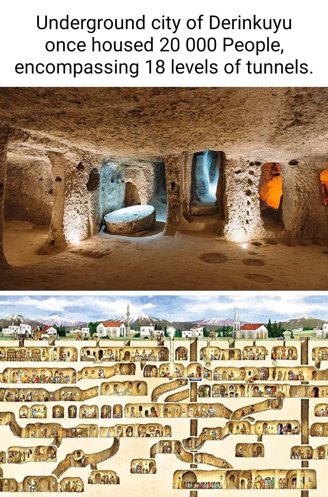 Underground city of Derinkuyu once housed 20 000 People encompassing 18 levels of tunnels