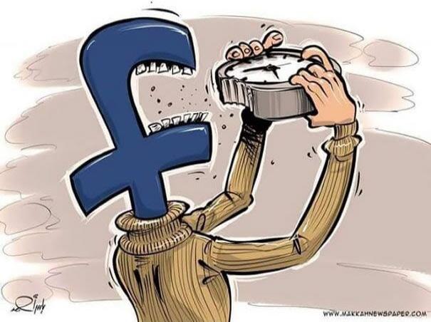 WWW.MAKKAHNEWSPAPER.COM. A cartoon depicting a person with a Facebook logo for a head, eating an alarm clock. This symbolizes Facebook consuming people's time.