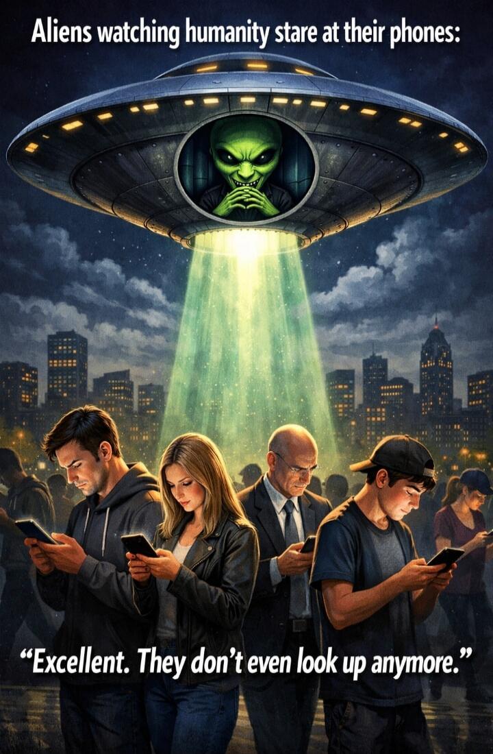 Aliens watching humanity stare at their phones: Excellent. They don't even look up anymore.
