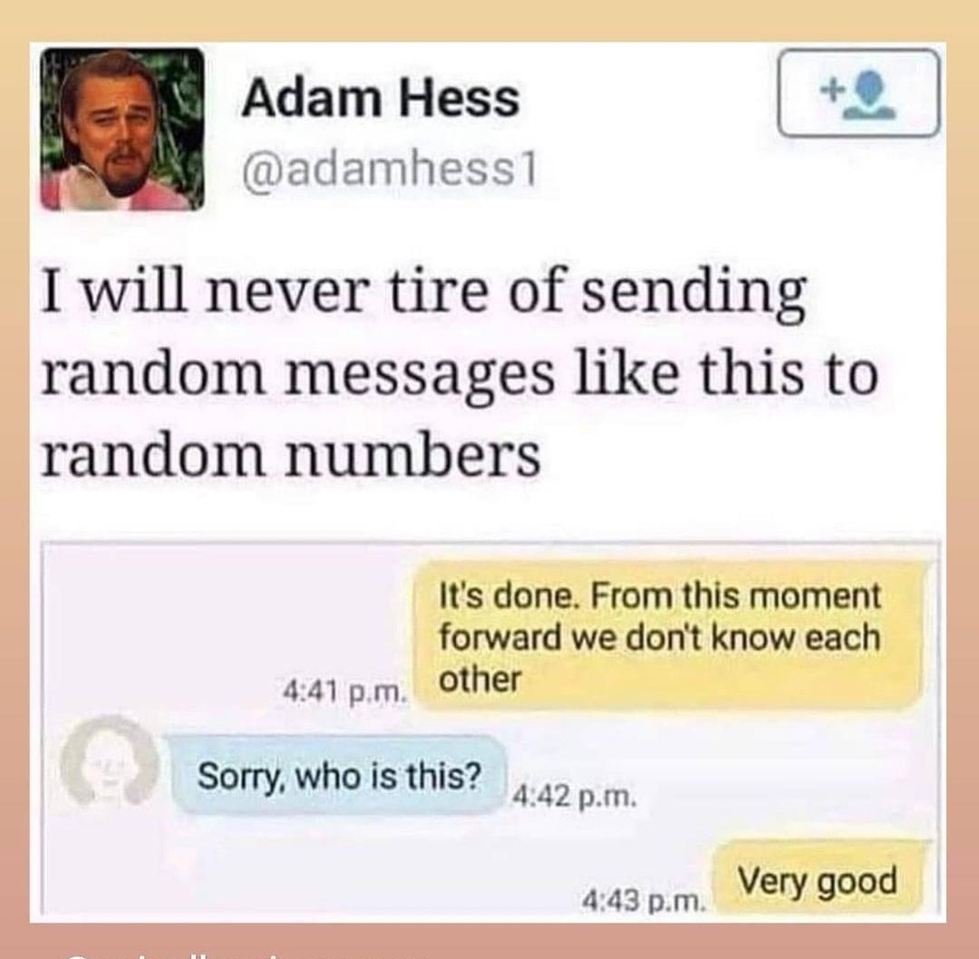 Adam Hess adamhess1 will never tire of sending random messages like this to random numbers Its done From this moment forward we dont know each 441 pm other Sorry who is this S Very good 443 pm