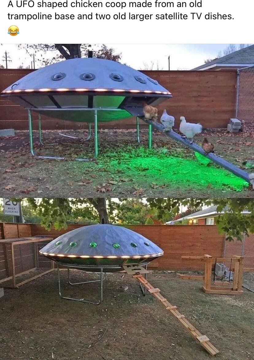 A UFO shaped chicken coop made from an old trampoline base and two old larger satellite TV dishes