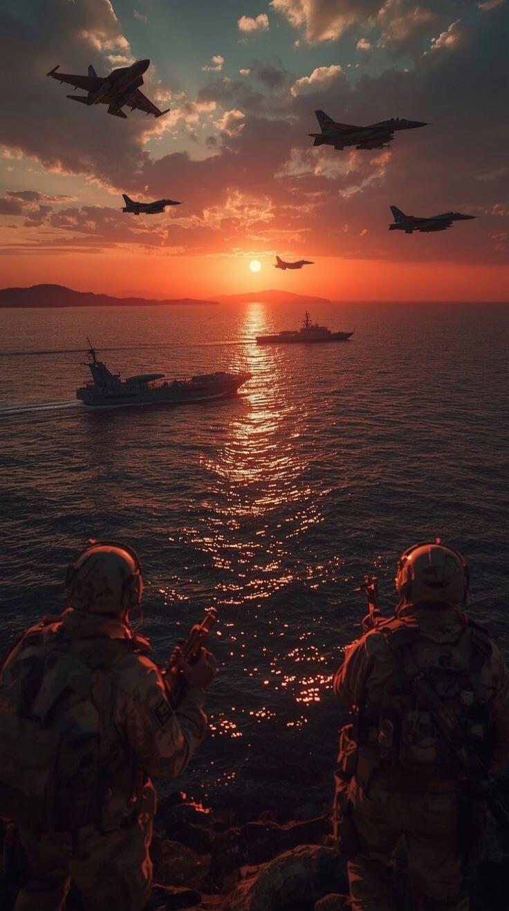 Two soldiers in full gear observe a naval operation from a cliff as ships and fighter jets fly over a sunset-lit sea.