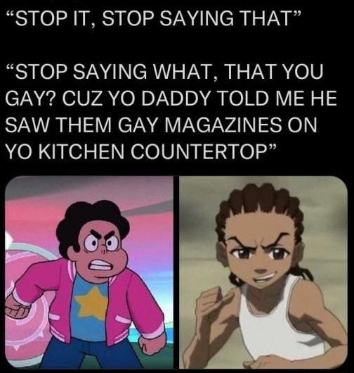 STOP IT STOP SAYING THAT STOP SAYING WHAT THAT YOU GAY CUZ YO DADDY TOLD ME HE SAW THEM GAY MAGAZINES ON YO KITCHEN COUNTERTOP