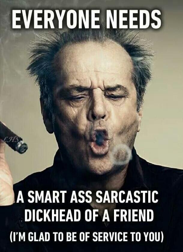 EVERYONE NEEDS A SMART ASS SARCASTIC DICKHEAD OF A FRIEND (I'M GLAD TO BE OF SERVICE TO YOU)