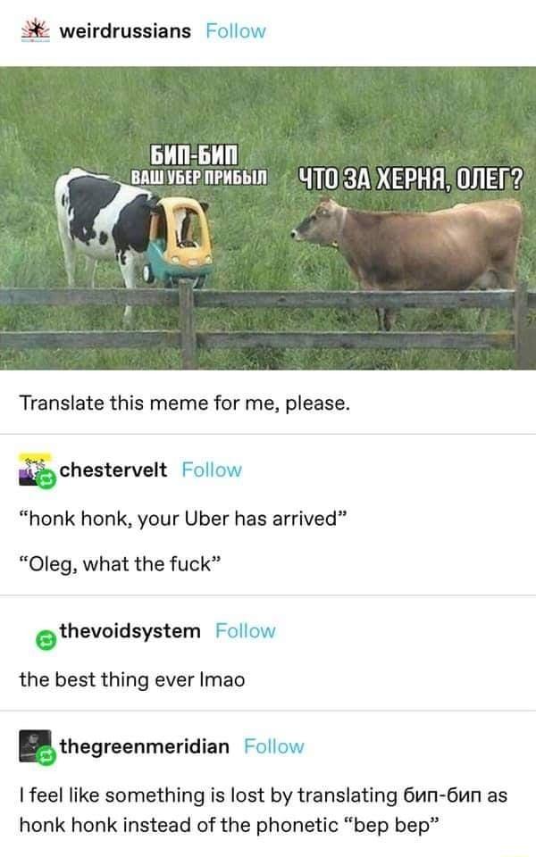 weirdrussians Follow BAWLIVGERMEHBLU S Y T03AXEPHA OJIER Yo S Translate this meme for me please chestervelt Follow honk honk your Uber has arrived Oleg what the fuck thevoidsystem Follow the best thing ever Imao thegreenmeridian Follow feel like something is lost by translating 6un 6un as honk honk instead of the phonetic bep bep