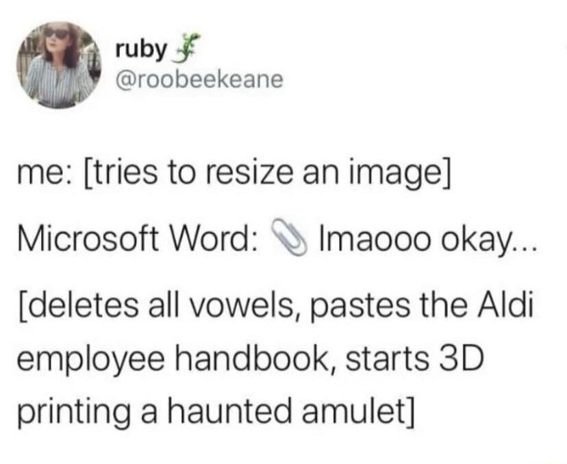 ruby roobeekeane me tries to resize an image Microsoft Word Imaooo okay deletes all vowels pastes the Aldi employee handbook starts 3D printing a haunted amulet