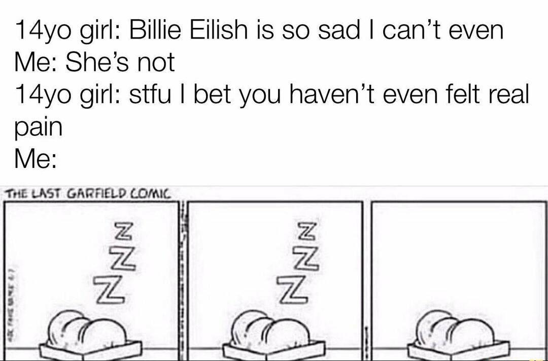 14yo girl Billie Eilish is so sad cant even Me Shes not 14yo girl stfu bet you havent even felt real pain Me THE LAST GARFIELD CLOMIC