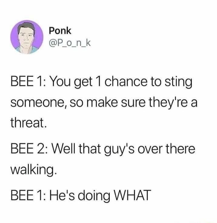 BEE 1: You get 1 chance to sting someone, so make sure they're a threat. BEE 2: Well that guy's over there walking. BEE 1: He's doing WHAT