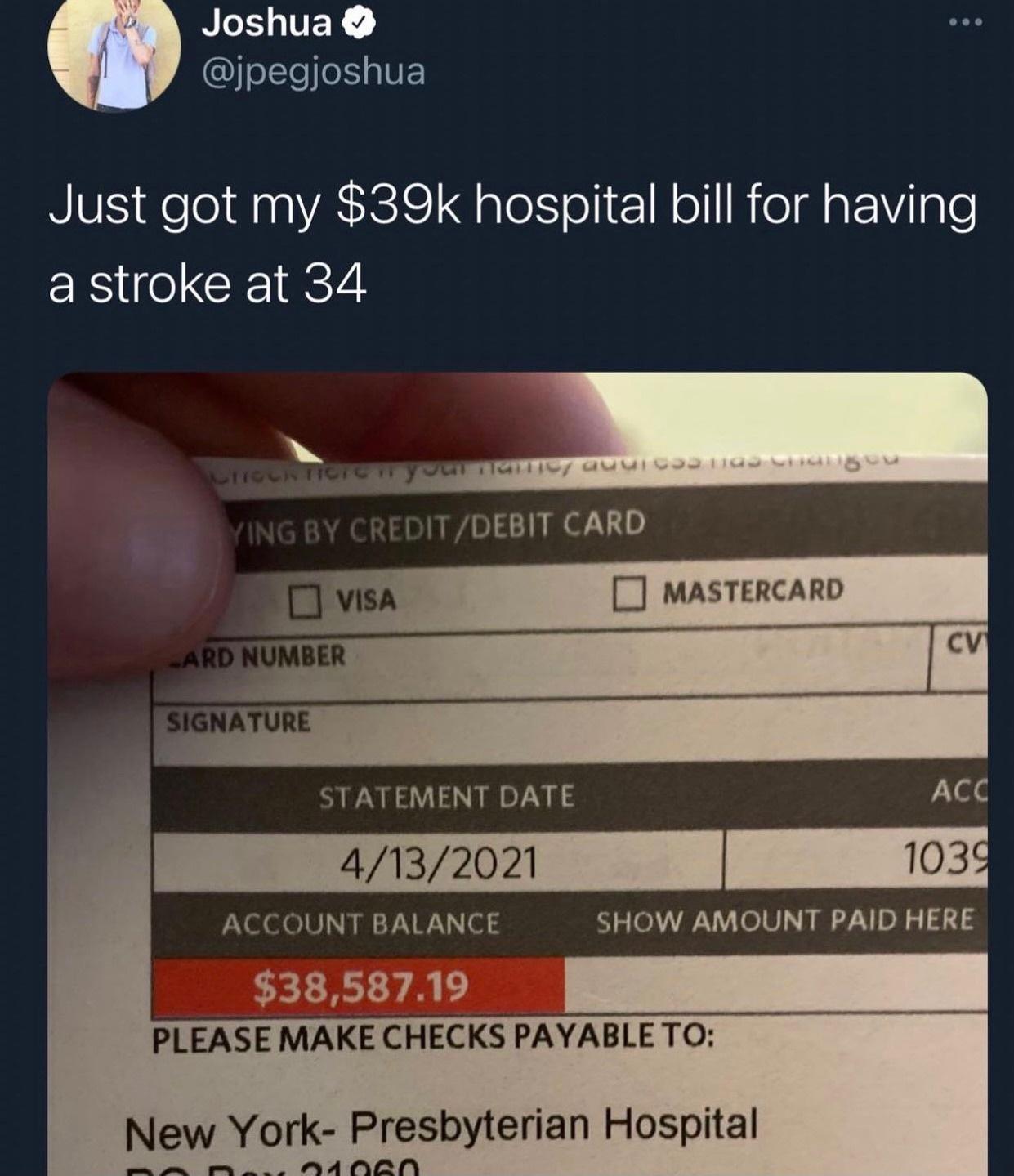 NI ER jpegjoshua NIV eleidnnVA eI Malok oliv1NollRieTMatVilgle a stroke at 34 o _ DEBIT CARD C MASTERCARD y STATEMENT DATE yYeld 4132021 ACCOUNT BALANCE SHOW AMOUNT PAID HERE 3850710 PLEASE MAKE CHECKS PAYABLE TO New York Presbyterian Hospital
