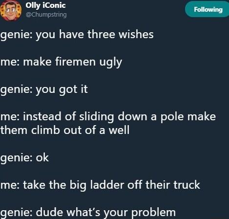 i genie you have three wishes me make firemen ugly genie you got it me instead of sliding down a pole make them climb out of a well genie ok me take the big ladder off their truck geni dude whats your problem