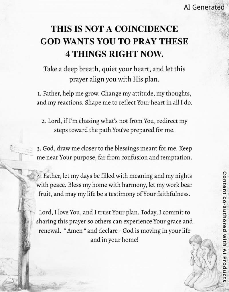 AI Generated
THIS IS NOT A COINCIDENCE
GOD WANTS YOU TO PRAY THESE
4 THINGS RIGHT NOW.
Take a deep breath, quiet your heart, and let this
prayer align you with His plan.
1. Father, help me grow. Change my attitude, my thoughts,
and my reactions. Shape me to reflect Your heart in all I do.
2. Lord, if I'm chasing what's not from You, redirect my
ste