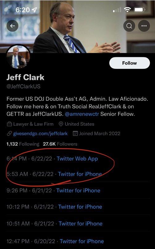 Jeff Clark JeffClarkUS Former US DOJ Double Asst AG Admin Law Aficionado Follow me here on Truth Social RealleffClark on el 39 BEESEGCEL AV NGEIERENEE L g 2 CT givesendgocomjeffclark 3 Jo 1432 Following 276K Fol Twitter Web App Twitter for iPhone 22 Twitter for iPhone Twitter for iPhone 122 Twitter for iPhone 2 Twitter for iPhone
