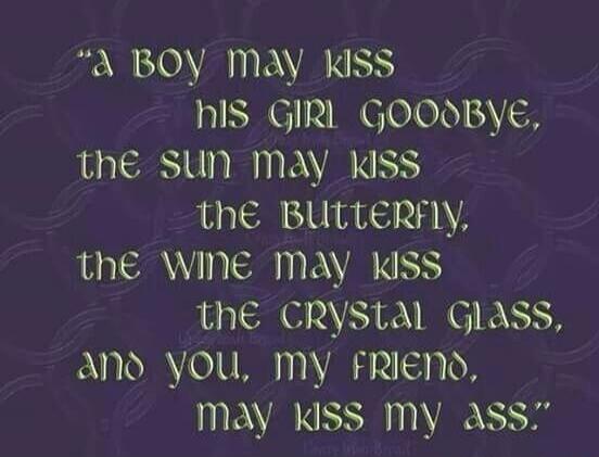 A boy may kiss his girl goodbye, the sun may kiss the butterfly, the wine may kiss the crystal glass, and you, my friend, may kiss my ass.