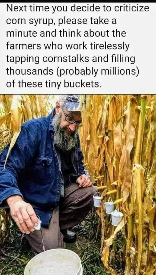 Next time you decide to criticize corn syrup please take a minute and think about the farmers who work tirelessly tapping cornstalks and filling thousands probably millions of these tiny buckets