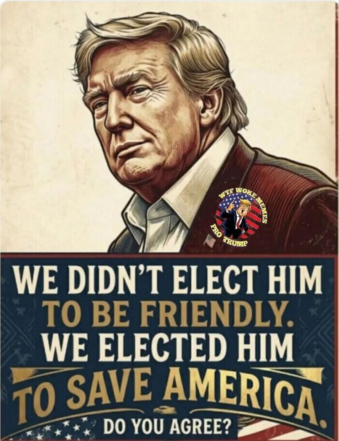 WE DIDN'T ELECT HIM TO BE FRIENDLY. WE ELECTED HIM TO SAVE AMERICA. DO YOU AGREE? WTF WOKE MEMES PRO TRUMP