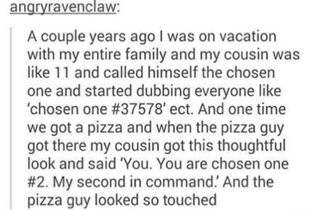 angryravenclaw A couple years ago was on vacation with my entire family and my cousin was like 11 and called himself the chosen one and started dubbing everyone like chosen one 37578 ect And one time we got a pizza and when the pizza guy got there my cousin got this thoughtful look and said You You are chosen one 2 My second in command And the pizza guy looked so touched