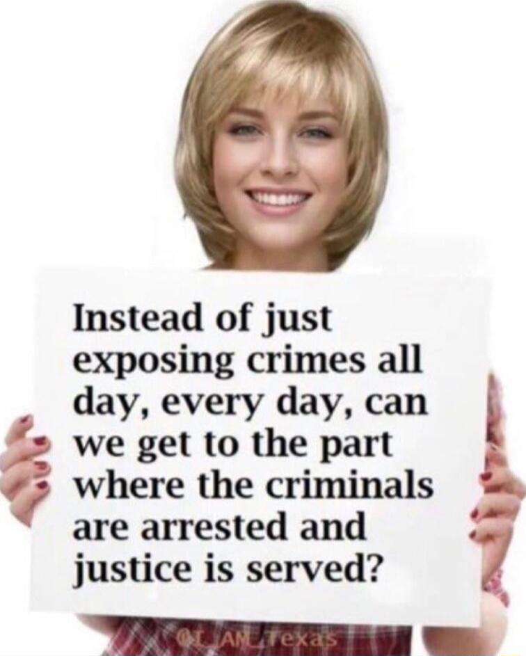 Instead of just exposing crimes all _ day every day can we get to the part H where the criminals are arrested and S justice is served