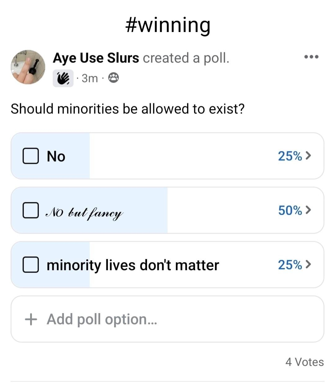 winning Aye Use Slurs created a poll e Should minorities be allowed to exist O No O o batfuney 3 minority lives dont matter Add poll option o Like 2 Comment V N 25 50 25