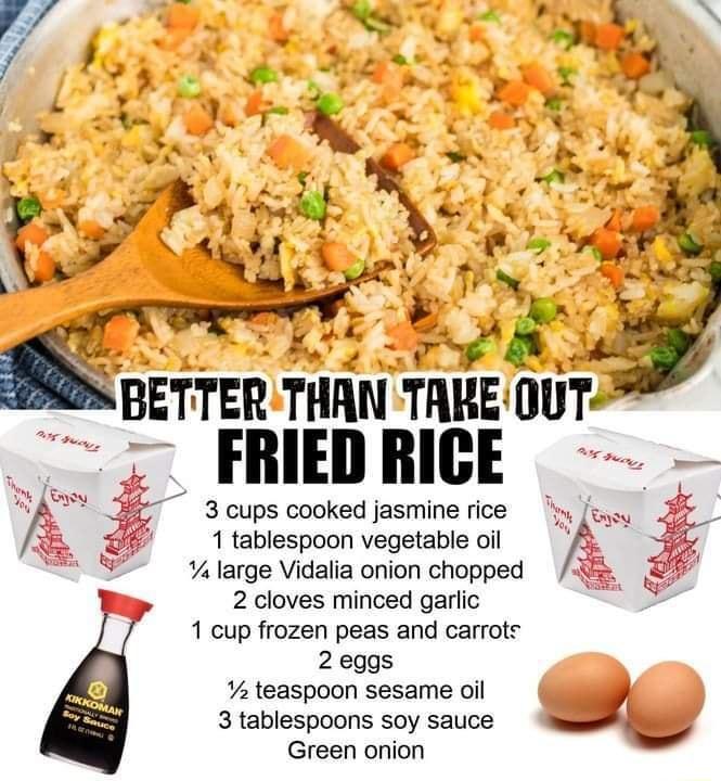 BETTER THAN THHE 0UT 2 FRIEDRICE 3 cups cooked jasmine rice 1 tablespoon vegetable oil Y4 large Vidalia onion chopped e 2 cloves minced garlic r 1 cup frozen peas and carrote 2 eggs teaspoon sesame oil y 3 tablespoons soy sauce Green onion