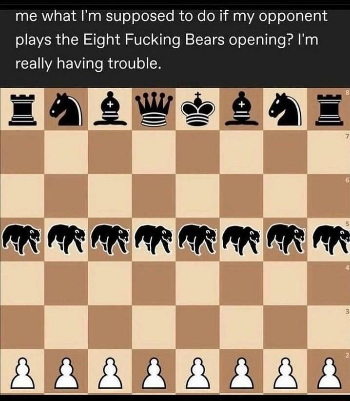 me what Im supposed to do if my opponent plays the Eight Fucking Bears opening Im CEIAEV T RIGITTVIR E 4 o uw IR AR R AR R AR AR R ARARNARAR