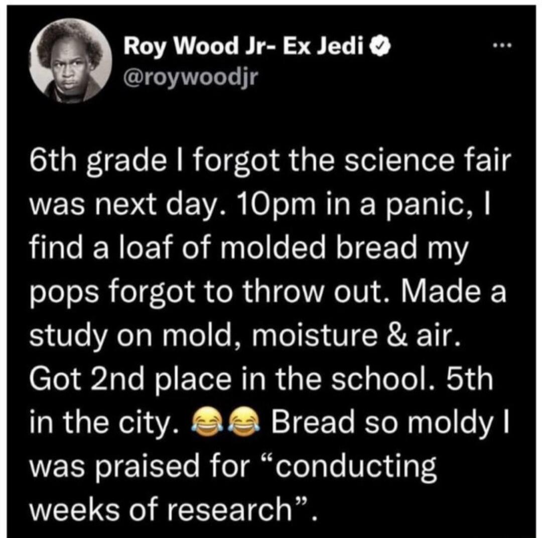 Roy Wood Jr Ex Jedi C roywoodjr 6th grade forgot the science fair was next day 10pm in a panic find a loaf of molded bread my pops forgot to throw out Made a study on mold moisture air Got 2nd place in the school 5th in the city Bread so moldy WEEREIET R T galelelale Vo1 ilyT4 VU CRO HCETETol