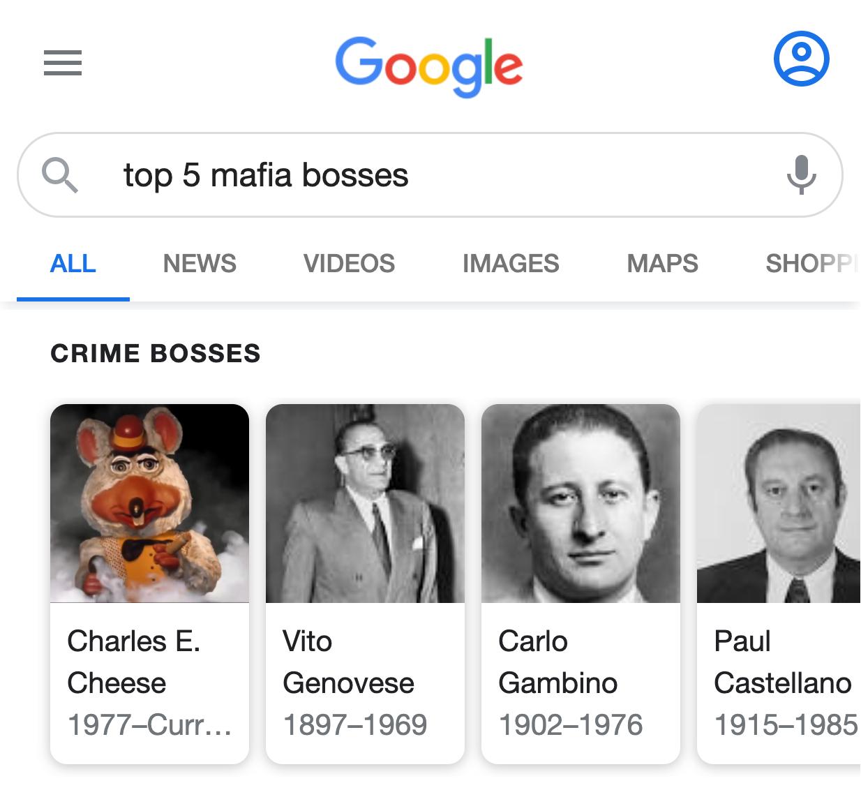 Google Q top 5 mafia bosses ALL NEWS VIDEOS IMAGES MAPS SHOF CRIME BOSSES Charles E Vito Carlo Paul Cheese Genovese Gambino Castellano 1977 Curr 1897 1969 1902 1976 1915 1985