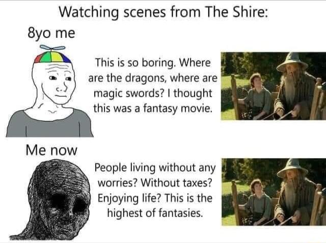 Watching scenes from The Shire 8yo me _B This is so boring Where are the dragons where are magic swords thought this was a fantasy movie Me now People living without any worries Without taxes Enjoying life This is the highest of fantasies