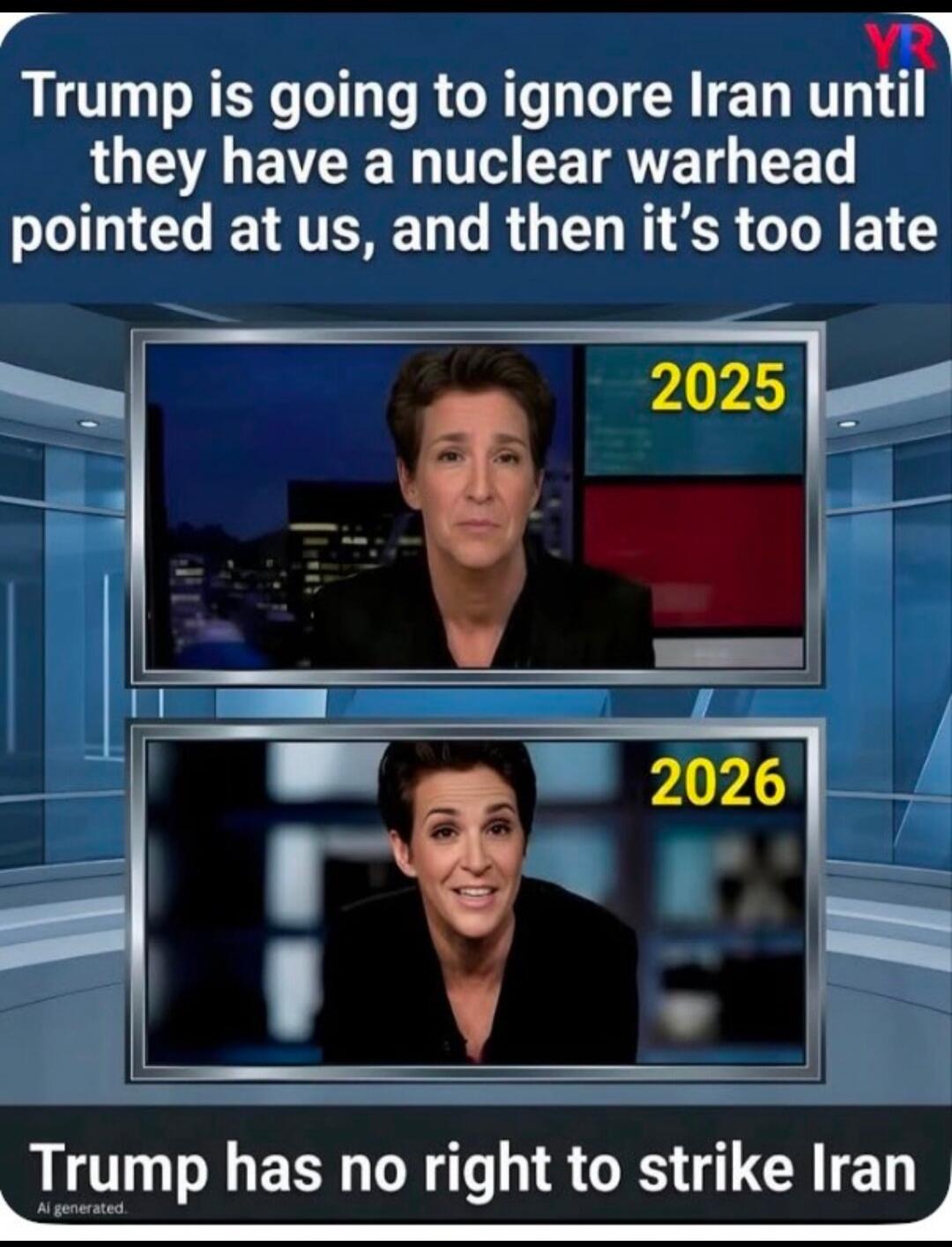Trump is going to ignore Iran until they have a nuclear warhead pointed at us, and then it's too late. 2025. 2026. Trump has no right to strike Iran. AI generated.