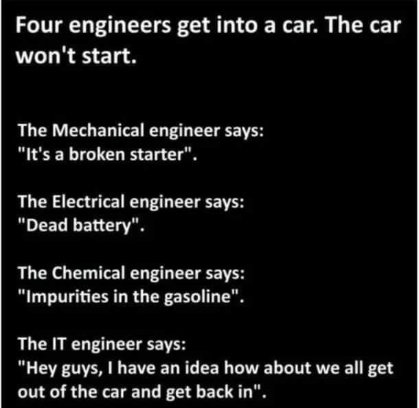 Four engineers get into a car The car wont start The Mechanical engineer says Its a broken starter The Electrical engineer says Dead battery The Chemical engineer says Impurities in the gasoline The IT engineer says Hey guys have an idea how about we all get out of the car and get back in