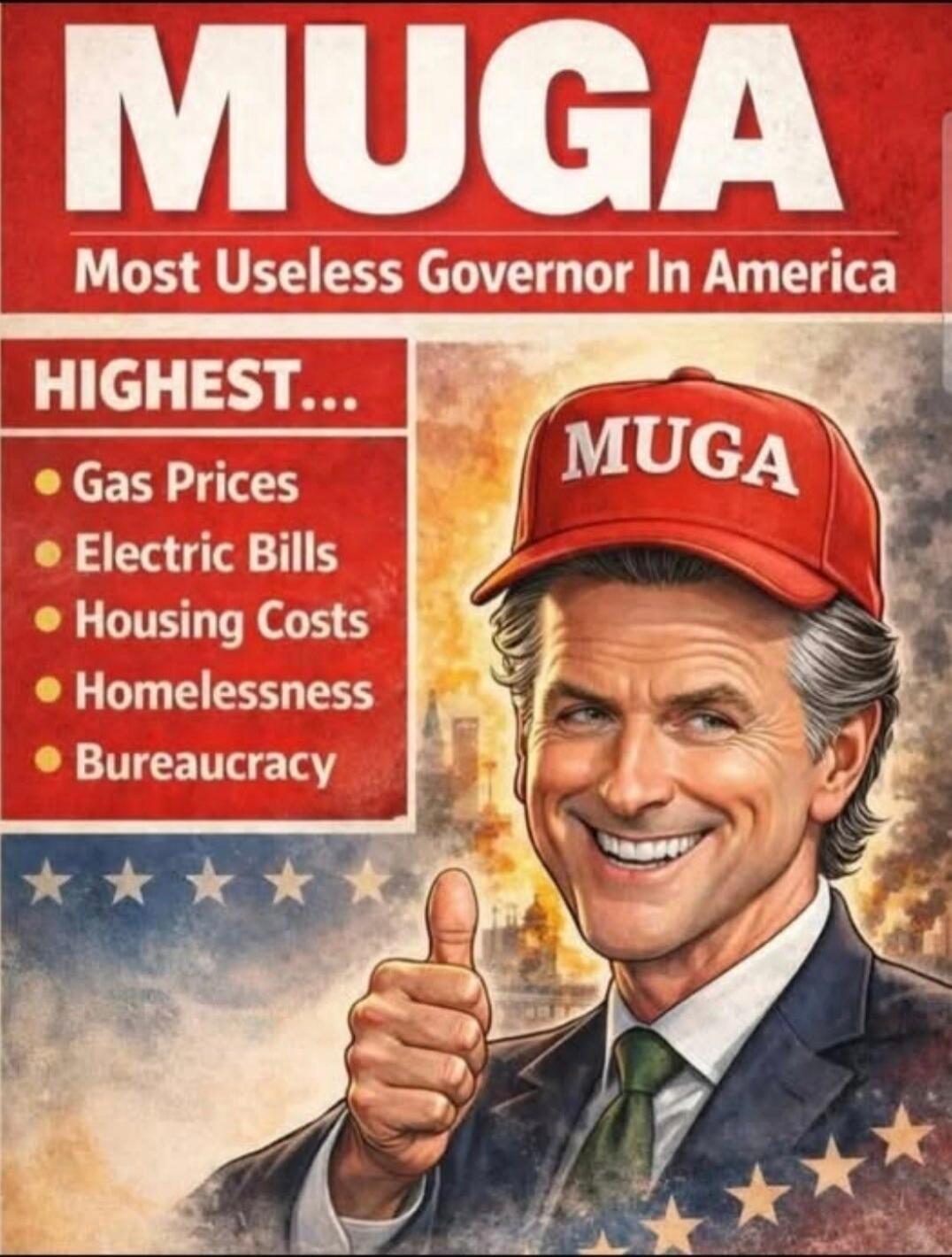 MUGA
Most Useless Governor In America
HIGHEST...
• Gas Prices
• Electric Bills
• Housing Costs
• Homelessness
• Bureaucracy
