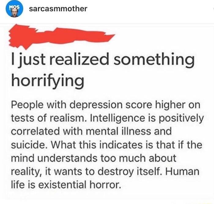 sercasmmother e just realized something horrifying People with depression score higher on tests of realism Intelligence is positively correlated with mental illness and suicide What this indicates is that if the mind understands too much about reality it wants to destroy itself Human life is existential horror