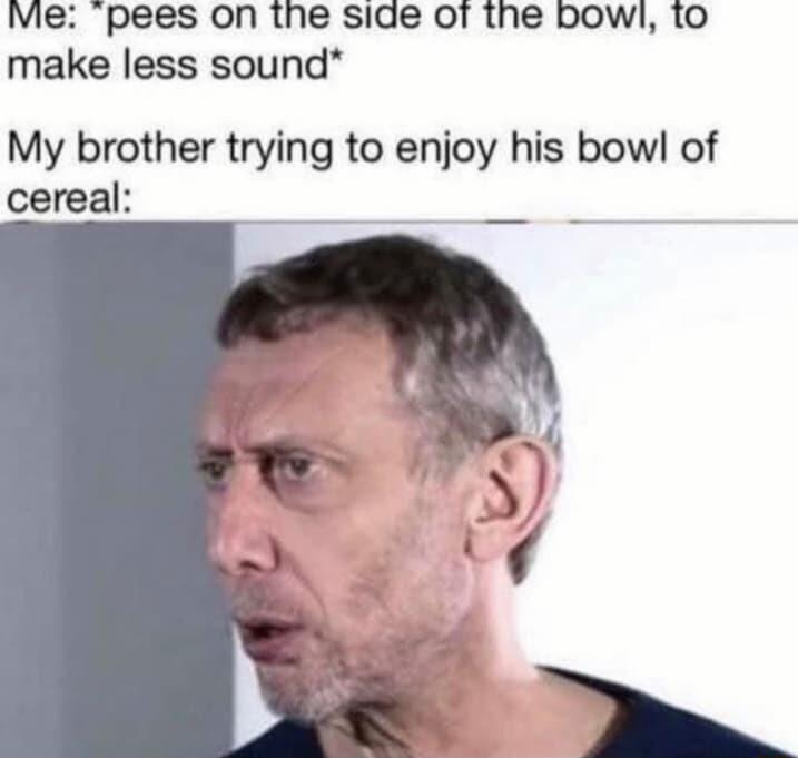 Me pees on the side o1 the bowi 10 make less sound My brother trying to enjoy his bow of cereal