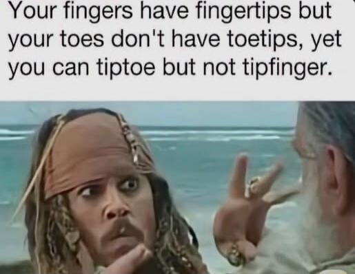 Your fingers have fingertips but your toes don't have toetips, yet you can tiptoe but not tipfinger.