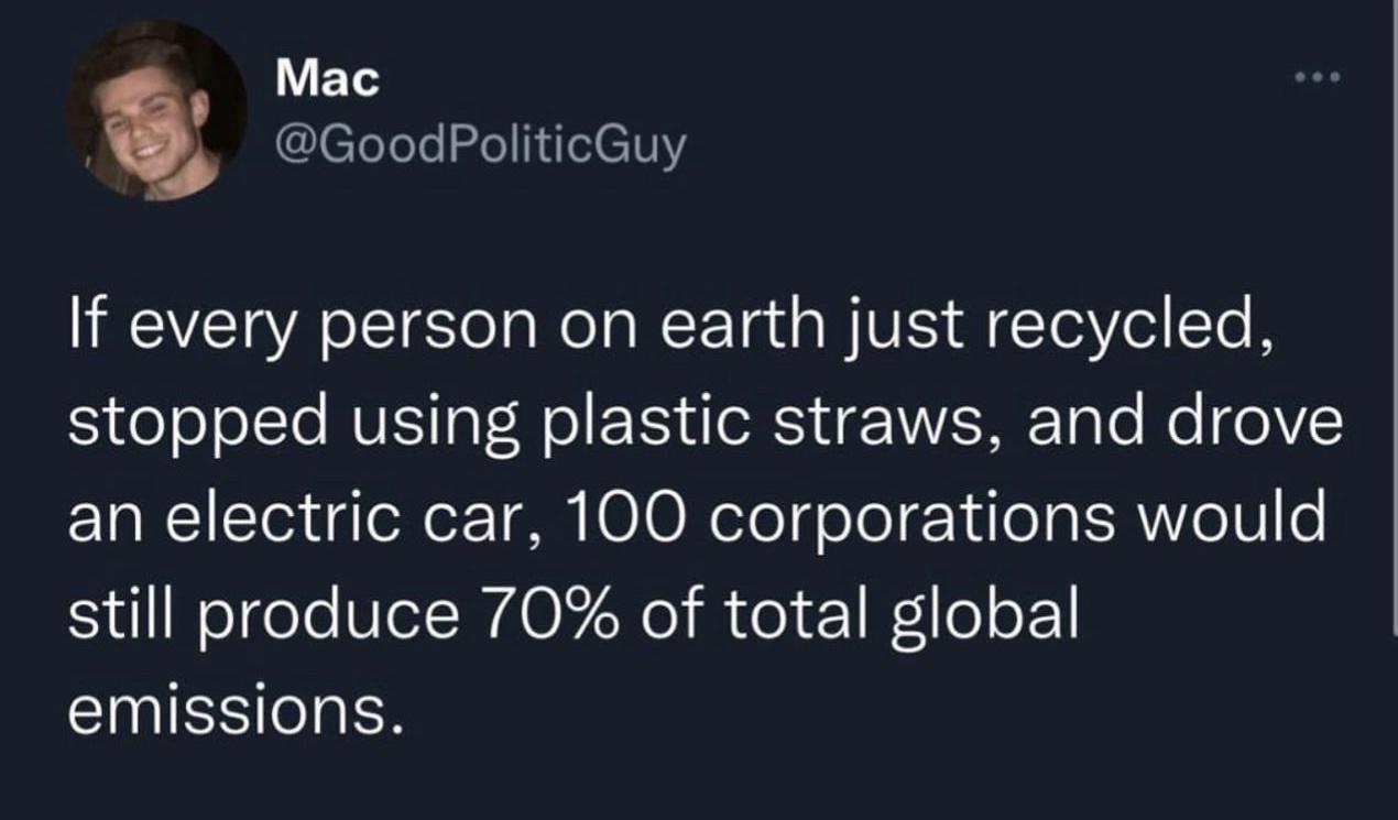 y LES Glelhl Ll If every person on earth just recycled stopped using plastic straws and drove an electric car 100 corporations would still produce 70 of total global I IELCIER