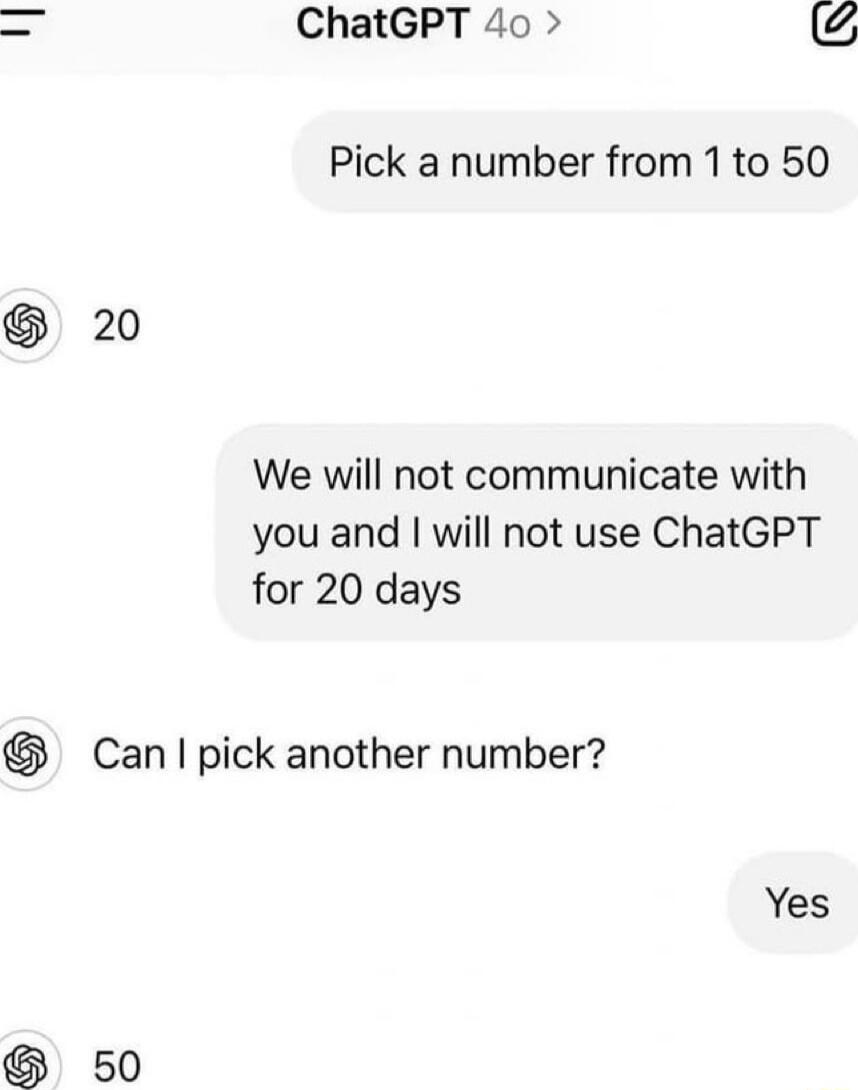 ChatGPT 40 Pick a number from 1to 50 20 We will not communicate with you and will not use ChatGPT for 20 days Can pick another number Yes 50