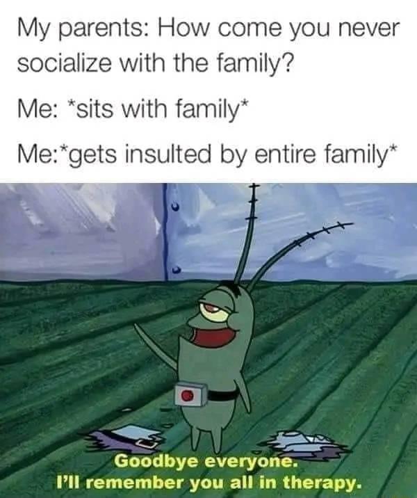 My parents How come you never socialize with the family Me sits with family Megets insulted by entire family Goodbye everyon_e g Pl remember you all in therapy