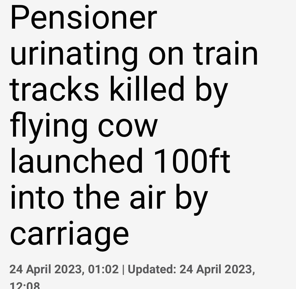 Pensioner urinating on train tracks killed by flying cow launched 100ft into the air by carriage 24 April 2023 0102 Updated 24 April 2023