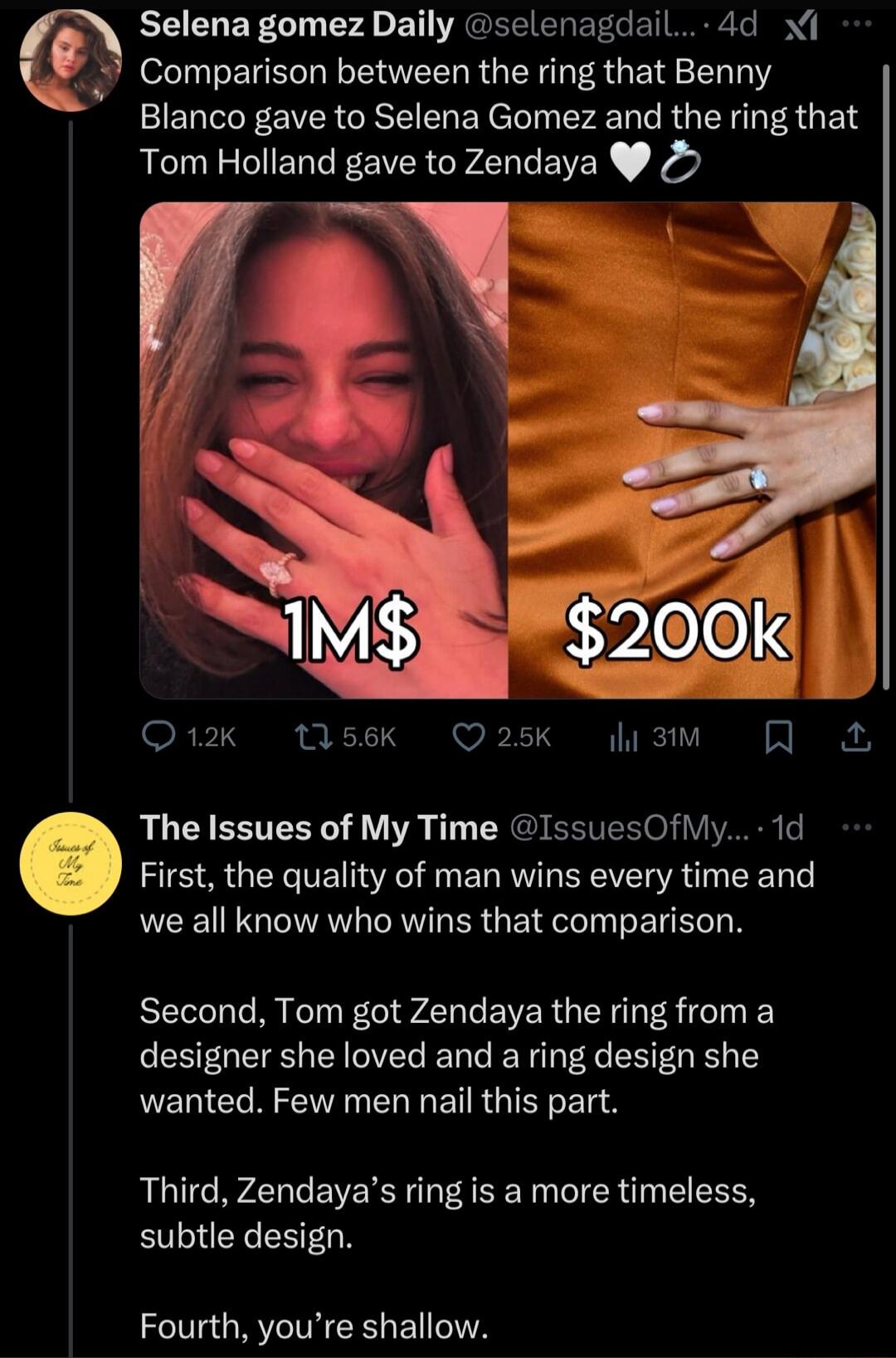 Selena gomez Daily sclenagdail 4d Comparison between the ring that Benny Blanco gave to Selena Gomez and the ring that Tom Holland gave to Zendaya 4 First the quality of man wins every time and e The Issues of My Time IssuesOfMy 1d we all know who wins that comparison Second Tom got Zendaya the ring from a designer she loved and a ring design she RERIC R T ET RGN T Third Zendayas ring is a more ti