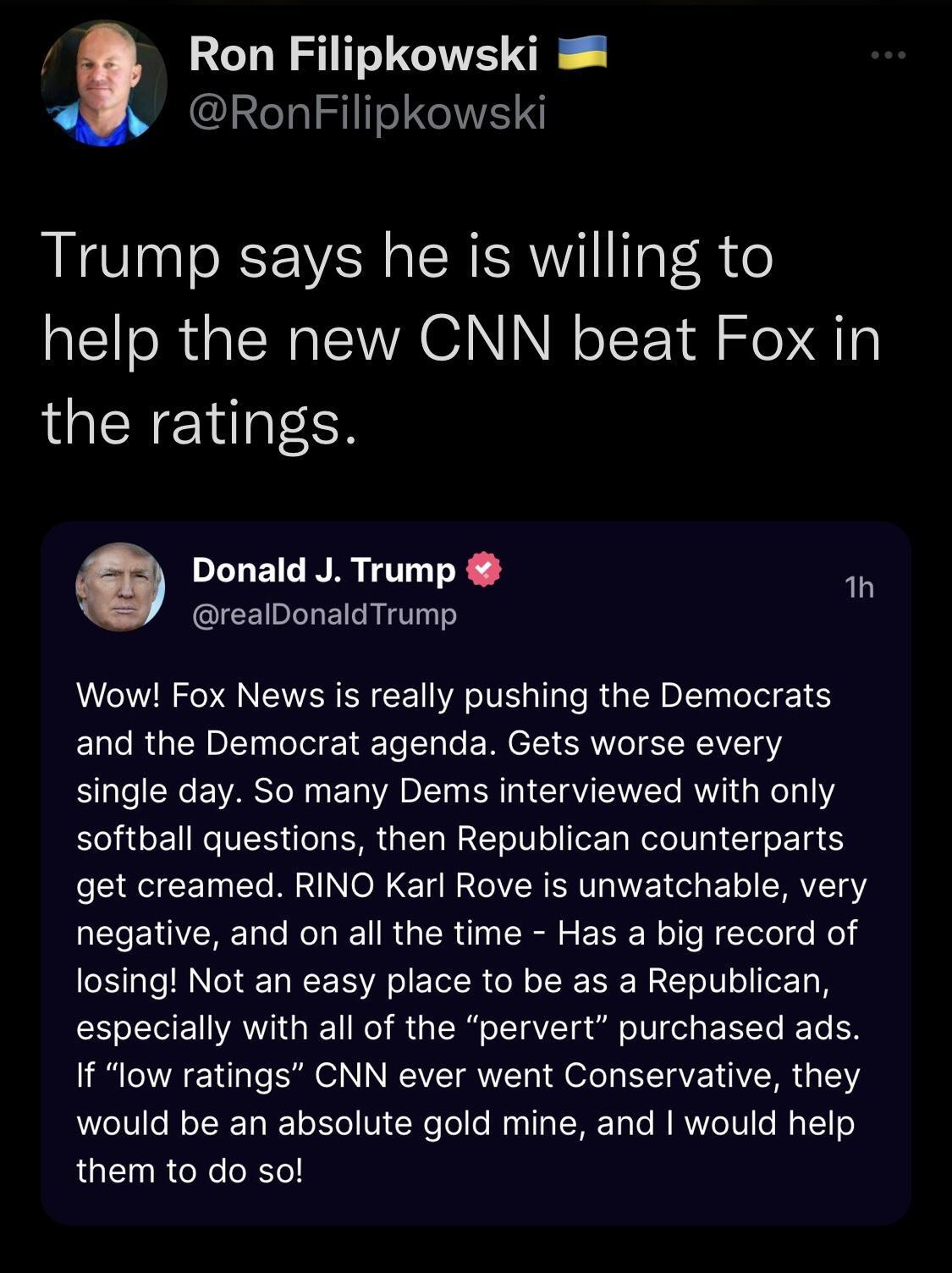 l EhIRITRNEN Trump says he is willing to I RGN EWA SN INE oI T oM aly IOENE LR Donald J Trump realDonaldTrump Wow Fox News is really pushing the Democrats and the Democrat agenda Gets worse every single day So many Dems interviewed with only softball questions then Republican counterparts get creamed RINO Karl Rove is unwatchable very negative and on all the time Has a big record of losing Not an 